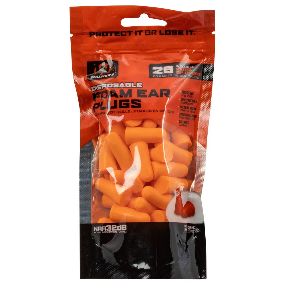 Walker's GWPFP25BAG Foam Ear Plugs  Foam 32 dB In The Ear Orange Adult 25 Pair