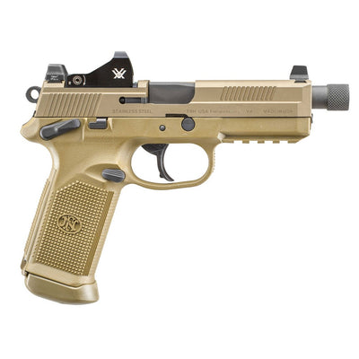 FN 66100866 FNX Tactical 45 ACP 15+1 5.30" Black Steel Threaded Barrel, Flat Dark Earth Optic Cut/Serrated Steel Slide & Polymer Frame w/Picatinny Rail, FDE Interchangeable Backstrap Grip, Vortex Viper Red Dot, Ambidextrous