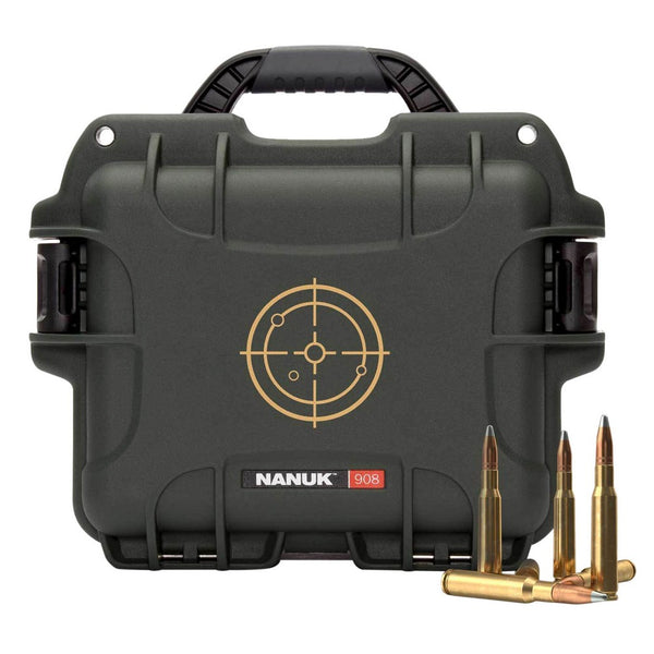 Nanuk 908AMMO6 908 Ammo Case Waterproof Olive with White Target Logo Resin & Metal Eyelets Holds 600rds of 223 Rem