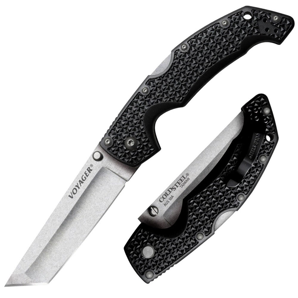 Cold Steel CS29AT Voyager  Large 4" Folding Tanto Plain AUS-10A SS Blade Black Griv-Ex w/Aluminum Liners Handle Includes Pocket Clip