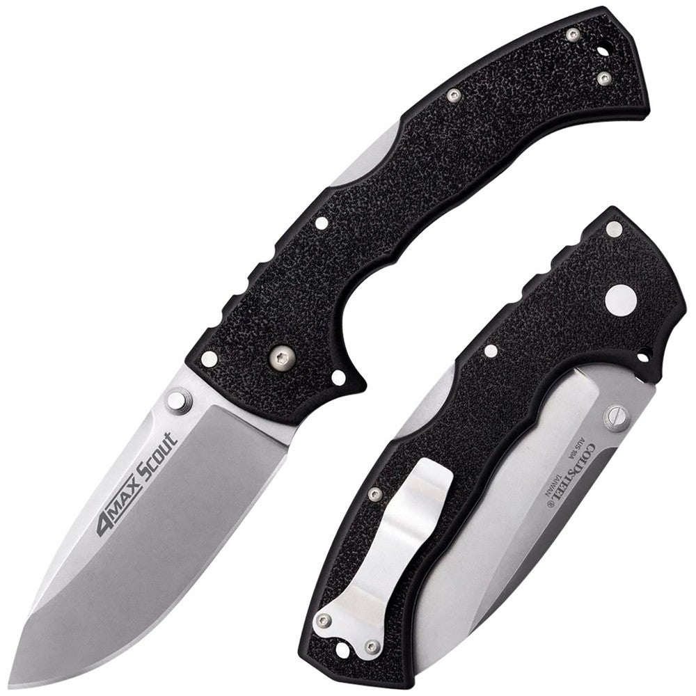 Cold Steel CS62RQ 4-Max Scout 4" Folding Plain Stone Washed Japanese AUS-10A SS Blade/ Black Griv-Ex Handle Includes Pocket Clip