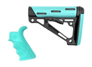 Hogue 13455 OverMolded 2-Piece Kit Collapsible Aqua OverMolded Rubber Black & Aqua Rubber Grip for AR15, M16 with Commercial Tube (Tube Not Included)