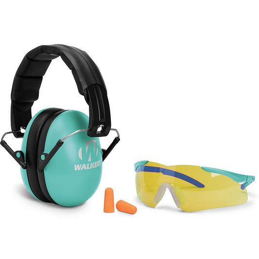 Walker's GWPYWFM2GFPLTL Folding Muff Combo 23 dB Over the Head Folding Muff, Foam Ear Plugs, Shooting Glasses Black/Teal Polymer Fits Youth/Women