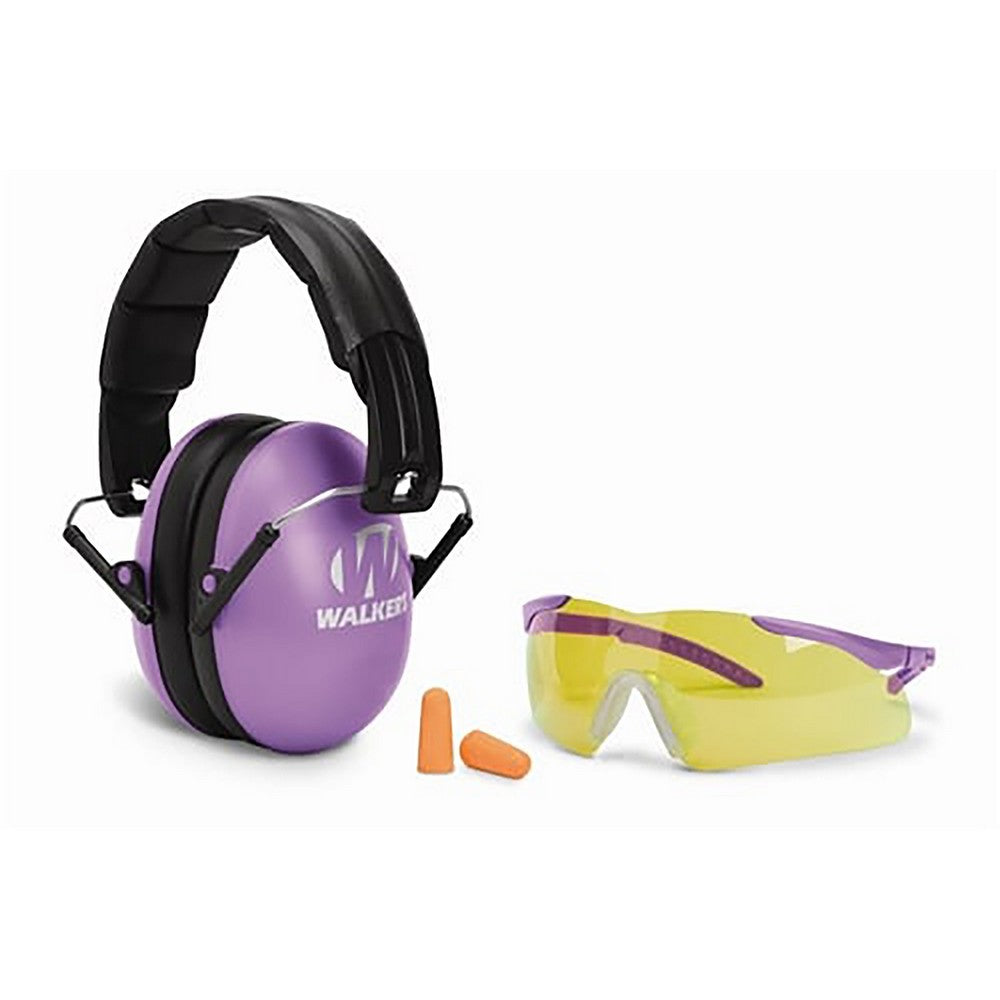 Walker's GWPYWFM2GFPPUR Folding Muff Combo 23 dB Over the Head Folding Muff, Foam Ear Plugs, Shooting Glasses, Purple/Black Polymer Fits Youth/Women