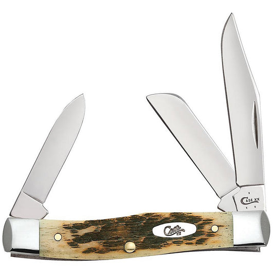 Case 00079 Stockman  Medium 2.57"/1.88"/1.76" Folding Clip/Sheepsfoot/Pen Plain Mirror Polished Chrome Vanadium Steel Blade/Peach Seed Jigged Amber Bone Handle