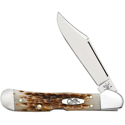 Case 00133 CopperLock  Mini 2.72" Folding Clip Point Plain Mirror Polished Tru-Sharp SS Blade/Peach Seed Jigged Amber Bone Handle