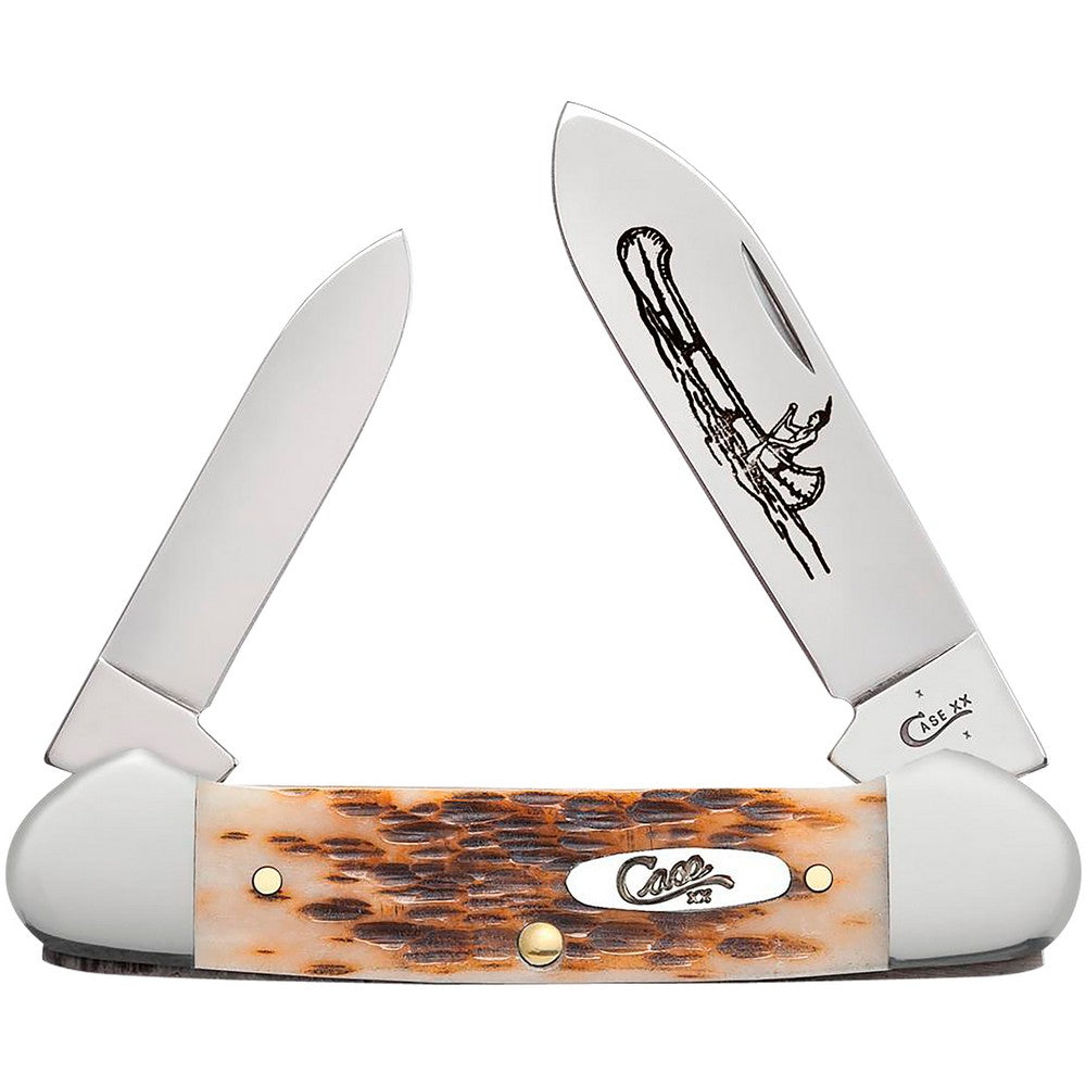 Case 00263 Canoe  2.60"/1.97" Folding Spear/Pen Plain Mirror Polished Chrome Vanadium Steel Blade/Peach Seed Jigged Amber Bone Handle