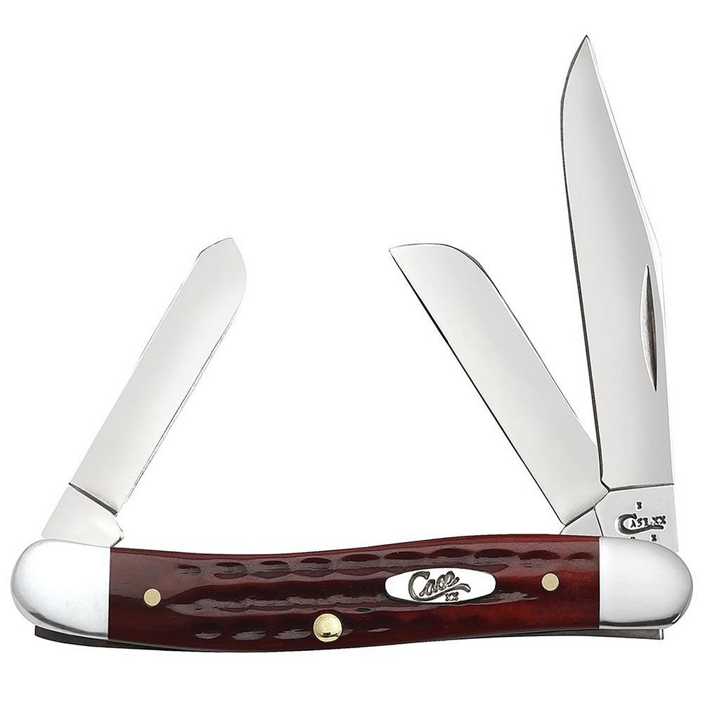 Case 00786 Stockman  Medium 2.57"/1.88"/1.71" Folding Clip/Sheepsfoot/Spey Plain Mirror Polished Tru-Sharp SS Blade/Corn Cob Jigged Old Red Bone Handle