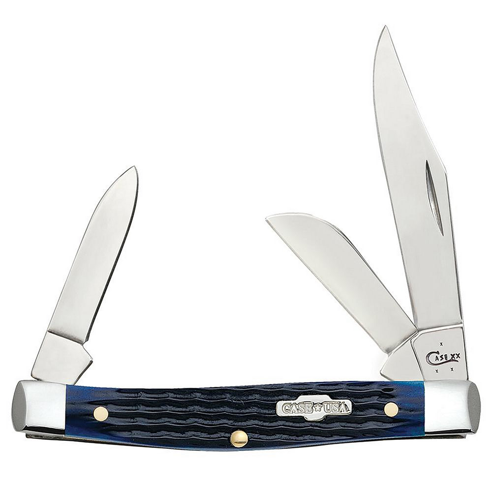 Case 02806 Stockman  Medium 2.42"/1.58"/1.57" Folding Clip/Sheepsfoot/Pen Plain Mirror Polished Tru-Sharp SS Blade/Rogers Corn Cob Jigged Blue Bone Handle