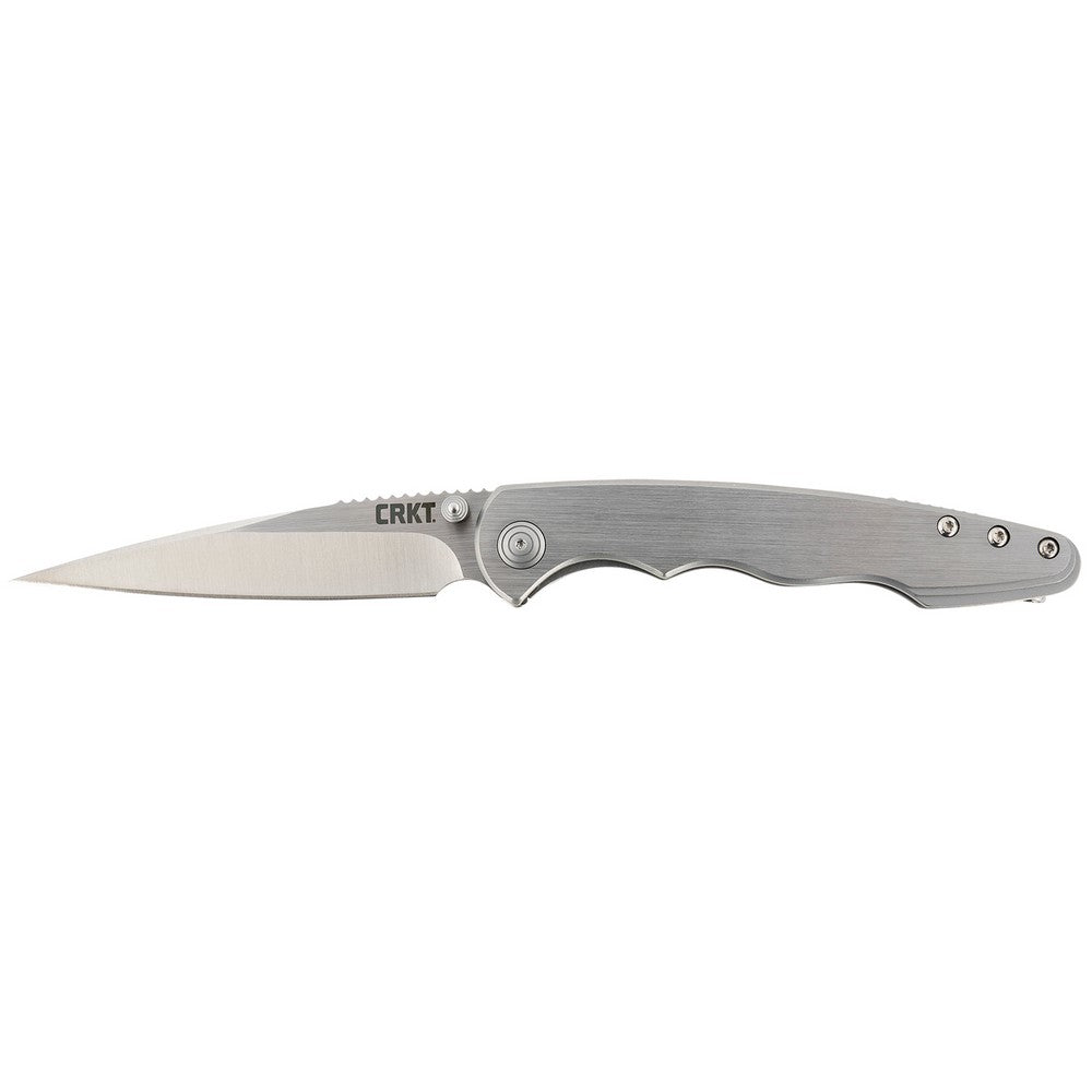 CRKT 7016 Flat Out  3.57" Folding Spear Point Plain Satin 8Cr13MoV SS Blade/ Bead Blasted Stainless Steel Handle Includes Pocket Clip