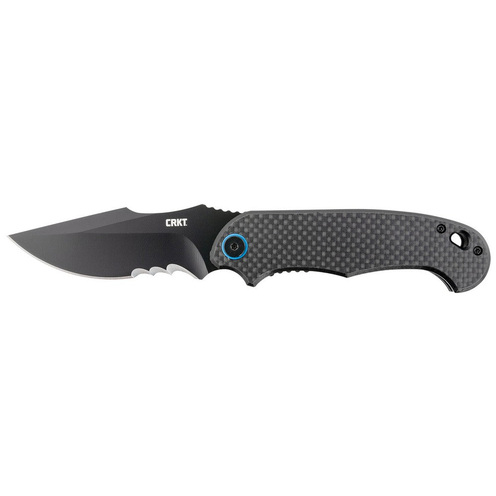 CRKT 7920K P.S.D.  3.63" Folding Recurve Veff Serrated Black EDP 4116 Stainless Steel Blade/ Black w/Blue Backspacer G10/Carbon Fiber Handle Includes Pocket Clip