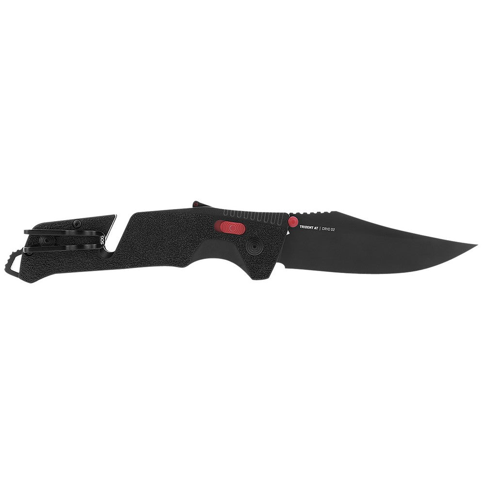 S.O.G SOG11120141 Trident AT 3.70" Folding Clip Point Plain Black TiNi Cryo D2 Steel Blade/Black w/Red Accents GRN Handle Features Line Cutter/Glass Breaker