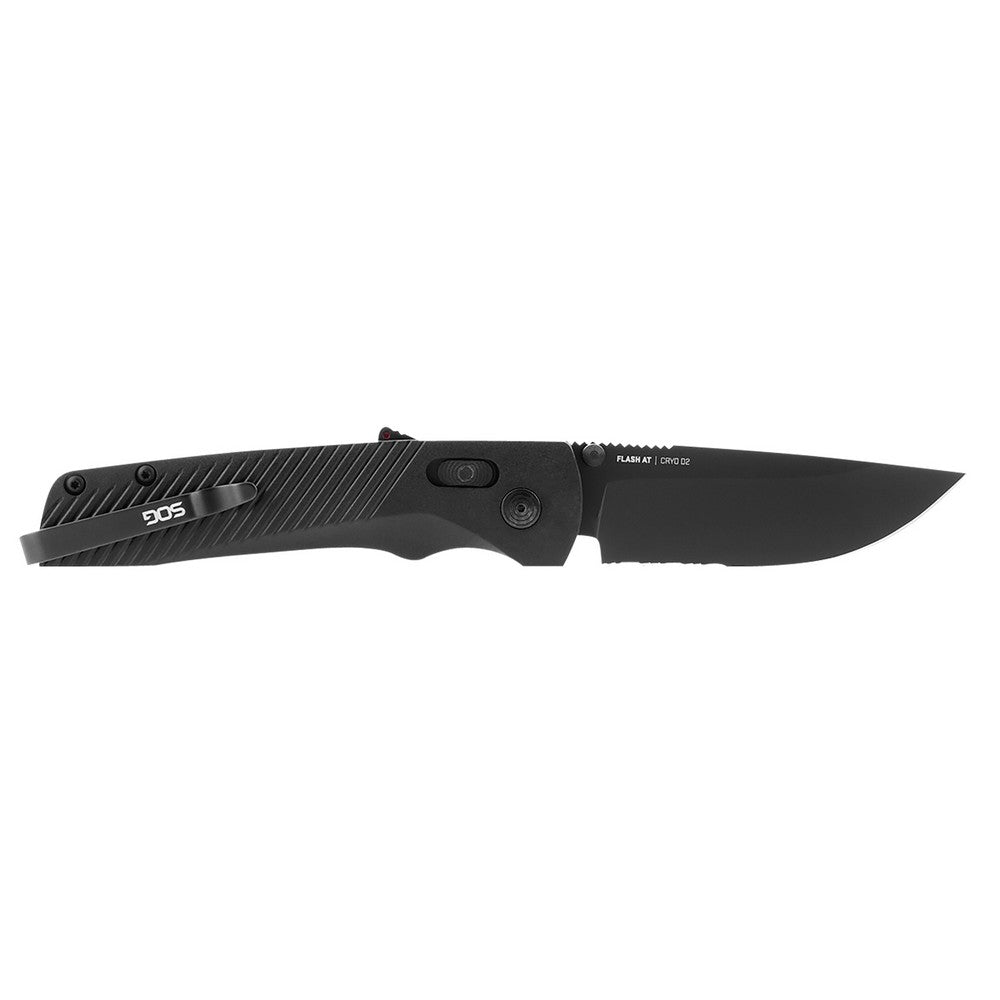 S.O.G SOG11180241 Flash AT 3.45" Folding Part Serrated Black TiNi Cryo D2 Steel Blade/Blackout GRN Handle Includes Pocket Clip