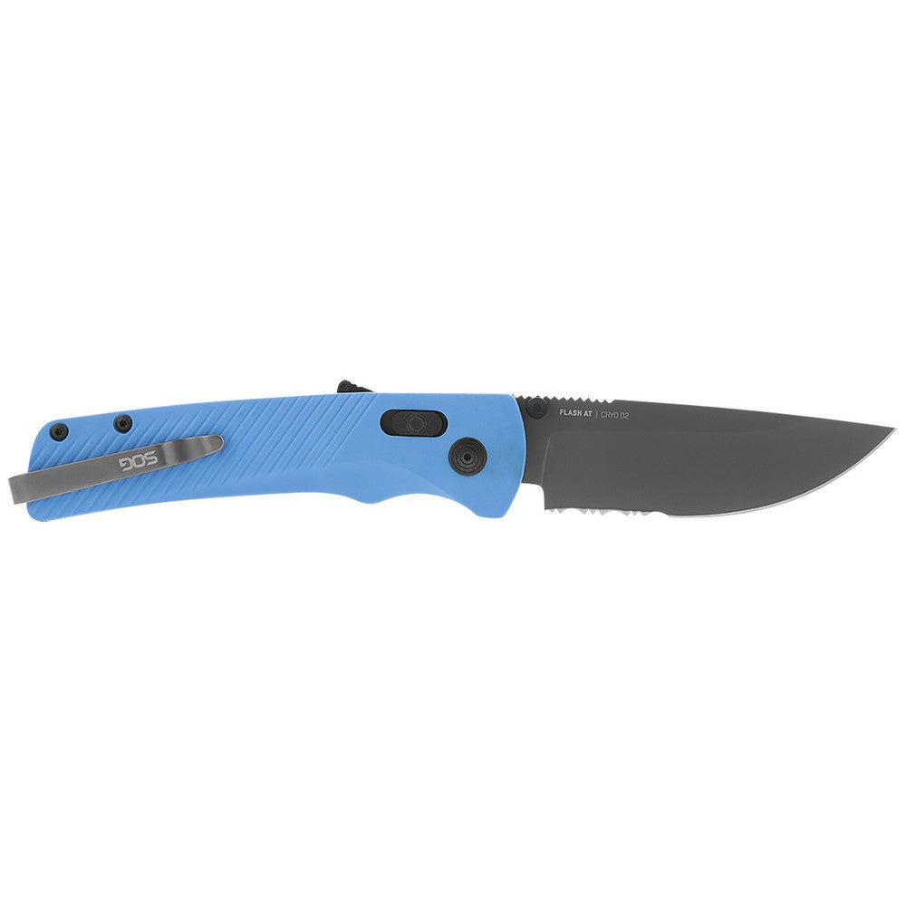 S.O.G SOG11180441 Flash AT 3.45" Folding Part Serrated TiNi Cryo D2 Steel Blade/ Civic Cyan GRN Handle Includes Pocket Clip