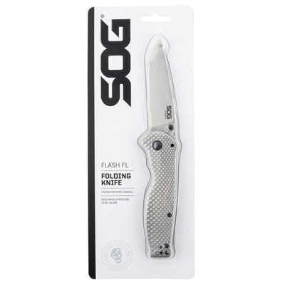 S.O.G SOG14180157 Flash FL 3.40" Folding Drop Point Plain Satin 4116 Stainless Steel Blade/Silver Stainless Steel Handle Includes Pocket Clip