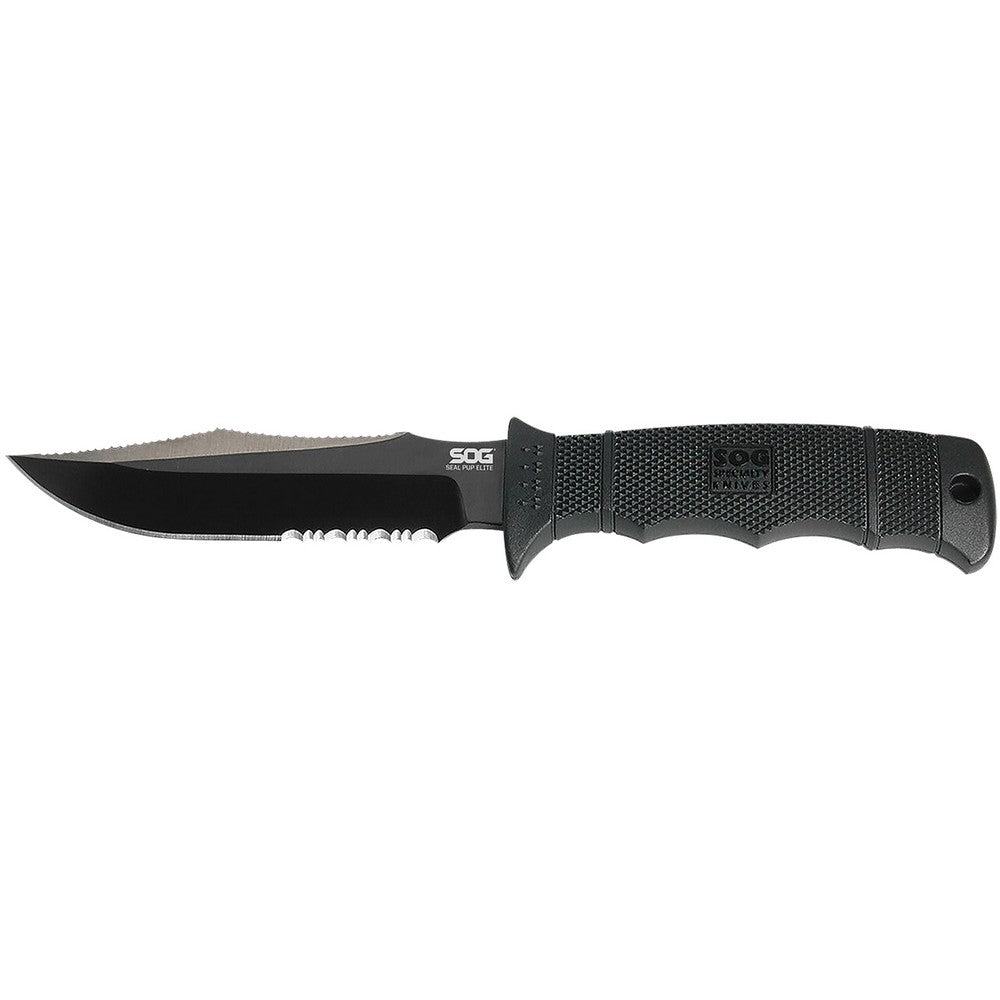 S.O.G SOGE37TK Seal Pup Elite 4.85" Fixed Clip Point Part Serrated Black Hardcased TiCN AUS-8A SS Blade/Black w/Grip Lines GRN Handle Includes Lanyard/Sheath