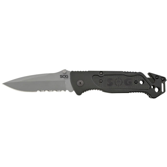 S.O.G SOGFF24CP Escape  3.40" Folding Clip Point Part Serrated Bead Blasted 9Cr18MoV SS Blade Black Anodized Aluminum Handle Includes Belt Clip