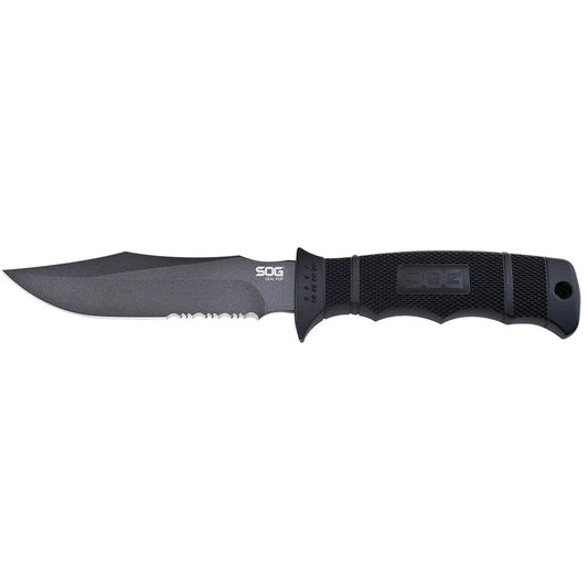 S.O.G SOGM37K Seal Pup  4.75" Fixed Clip Point Part Serrated Powder Coated AUS-8A SS Blade Black w/Raised Diamond Pattern GRN Handle Includes Sheath