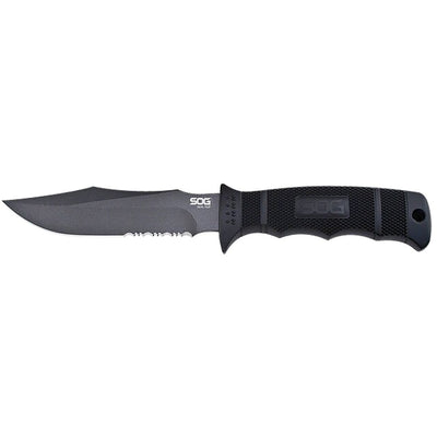 S.O.G SOGM37NCP Seal Pup  4.75" Fixed Clip Point Part Serrated Powder Coated AUS-8A SS Blade Black w/Raised Diamond Pattern GRN Handle Includes Lanyard/Sheath