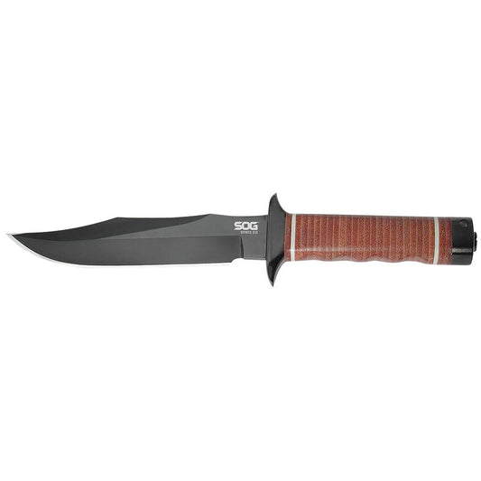 S.O.G SOGS1TL Bowie 2.0 6.40" Fixed Plain Clip Point Black Hardcased TiNi Full Tang AUS8 SS Blade/ Brown Stacked Leather Washers w/Cross Guard Handle