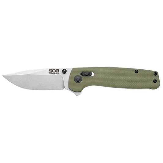 S.O.G SOGTM1022BX Terminus XR 2.95" Folding Clip Point Plain Stonewashed BD1 Steel Blade Olive Drab Textured G10 Handle Features Box Packaging Includes Pocket Clip