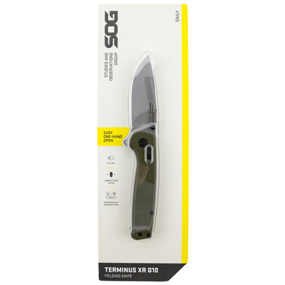 S.O.G SOGTM1022CP Terminus XR 2.95" Folding Plain Clip Point Stone Washed D2 Steel Blade/Olive Drab Textured G10 Handle