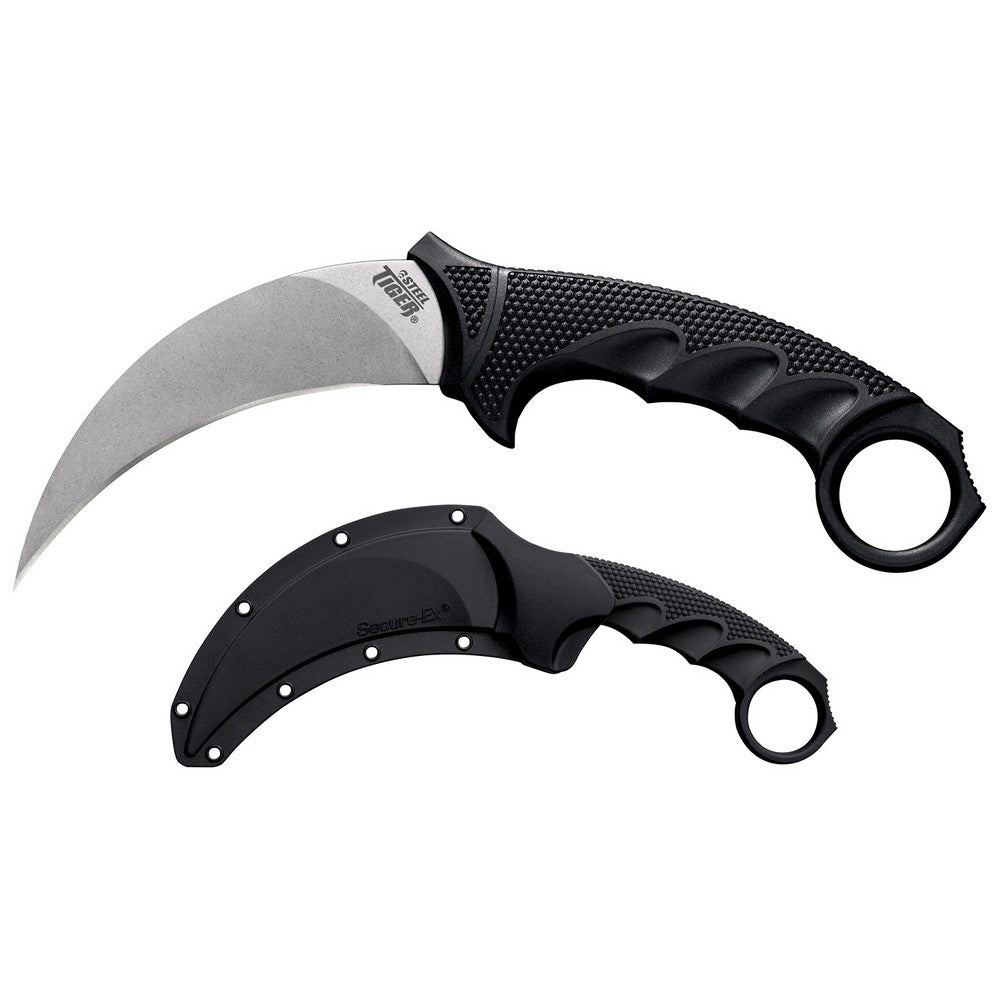 Cold Steel CS49KST Steel Tiger  4.75" Fixed Plain Stone Washed Japanese AUS-8A SS Blade/Black w/Thumb Shelf & Finger Ring Griv-Ex w/Overmold Kray-Ex Handle