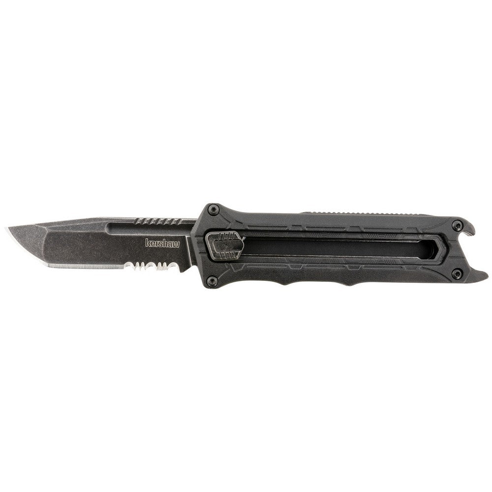 Kershaw 1195 Interstellar  2.70" OTF Tanto Part Serrated Black Oxide Blackwash 8Cr13MoV SS Blade, Black Textured w/Bottle Opener Glass-Filled Nylon Handle, Includes Pocket Clip