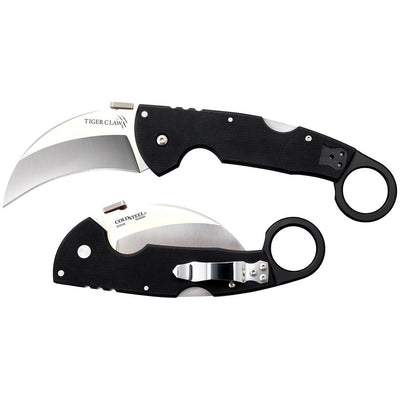 Cold Steel CS22C Tiger Claw  3.50" Folding Hawkbill Plain Stonewashed American S35VN Blade/6" Matte Black w/Ring G10 Handle Includes Belt Clip