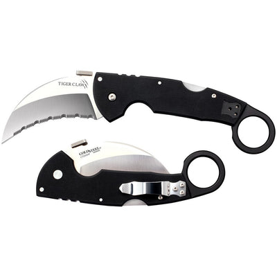 Cold Steel CS22KFS Tiger Claw  3.50" Folding Hawkbill Serrated Stonewashed American S35VN Blade/6" Matte Black w/Ring G10 Handle Includes Belt Clip
