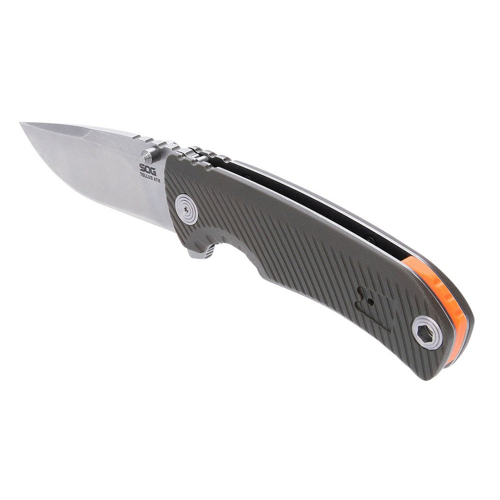 S.O.G SOG11060143 Tellus ATK  3.50" Folding Clip Point Plain Stonewashed Cryo 440C SS Blade/ Olive Drab w/Orange Backspacer GRN Handle Includes Belt Clip