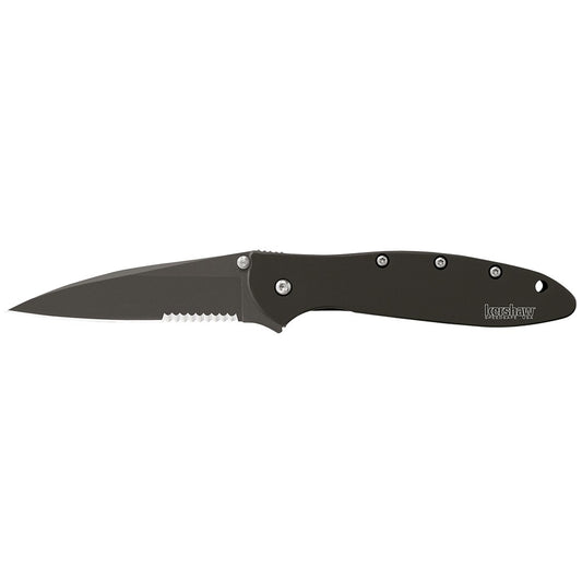 Kershaw 1660CKTST Leek  3" Folding Modified Drop Point Part Serrated Black DLC 14C28N Steel Blade Black DLC 410 Stainless Steel Handle Includes Pocket Clip