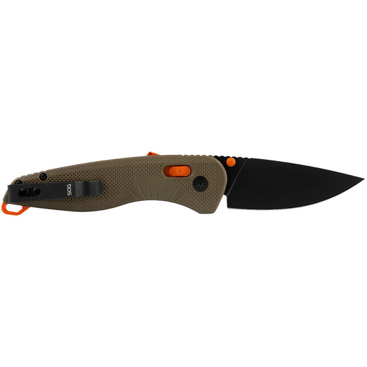 S.O.G SOG11410641 Aegis AT 3.13" Folding Drop Point Plain Black TiNi Cryo D2 Steel Blade, Tan w/Blaze Orange Accents GRN Handle, Peg Box Pkg