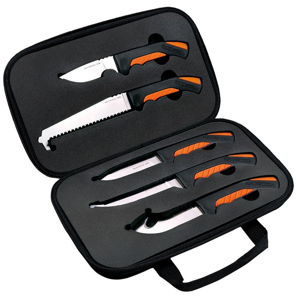 Cold Steel CSFXFLDKIT Hunting Kit  Includes Caper Blade, Skinning Blade w/Gut Hook, General Purpose Blade, Boning blade, Bone Saw, Handle & Case