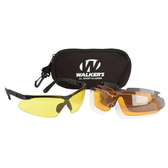 Walker's GWPASG4L2 Sport Glasses Combo Adult Clear/Smoke Gray/Amber/Yellow Lens Polycarbonate Black Frame