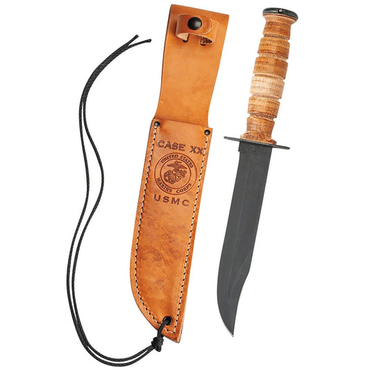 Case 00334 USMC  7" Fixed Clip Point Plain Blackened 1095 Carbon Steel Blade Grooved Leather Handle