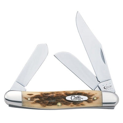 Case 00128 Stockman  Medium 2.92"/2.15"/1.90" Folding Clip/Sheepsfoot/Spey Plain Mirror Polished Tru-Sharp SS Blade/Peach Seed Jigged Amber Bone Handle