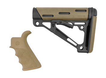 Hogue 15356 OverMolded Collapsible Buttstock made of Synthetic Material with Black Finish, Flat Dark Earth OverMolded Rubber & Includes Flat Dark Earth Rubber Finger Grooved Grip for AR-15, M16 with Mil-Spec Buffer Tube (Tube Not Included)