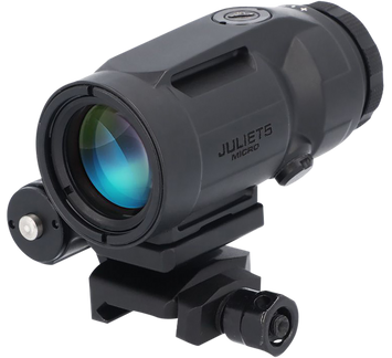 Sig Sauer Electro-Optics Juliet5-Micro magnifier, black color, with Picatinny Rail mount, Dielectric coated prism, and aircraft-grade CNC aluminum housing.